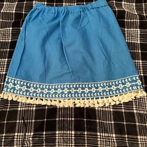 NWT J CREW Linen Embroidered Fringe Skirt Sz. Sm Blue Cowgirl Boho Rodeo Tribal‎